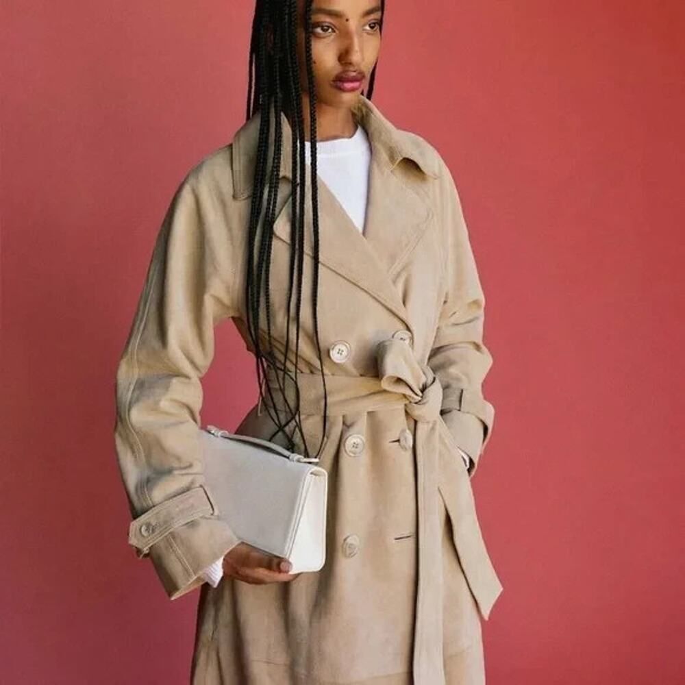 Reformation Veda Leather Jacket Small Tan Suede Trench Coat Belted Double Breast - Picture 10 of 12
